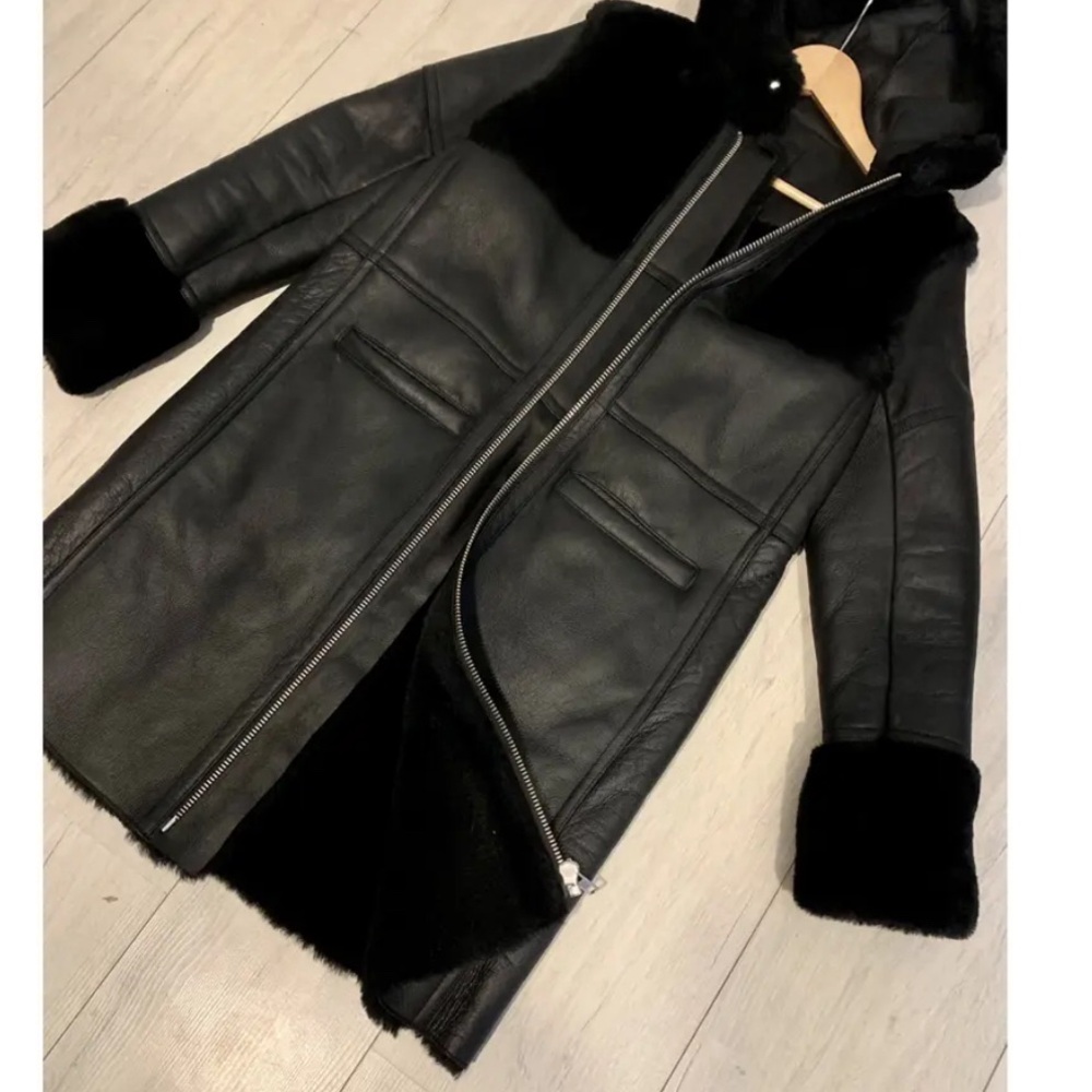 Maje Black Leather Fur Coat